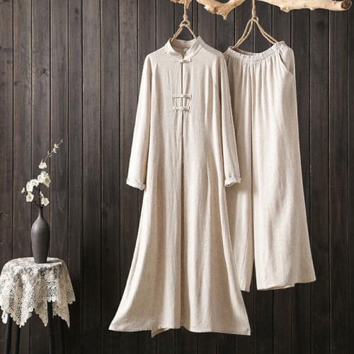2021 chinese improved hanfu cotton and linen mandarin collar dress pure color summer retro tea art casual dress modern tang suit