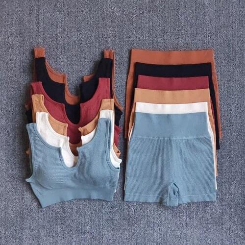 High Waist Yoga Shorts Sets Seamless Two Piece Set Sports Suit Gym Clothes Fitness Women Sports Bra Ribbed Workout Set Outfits