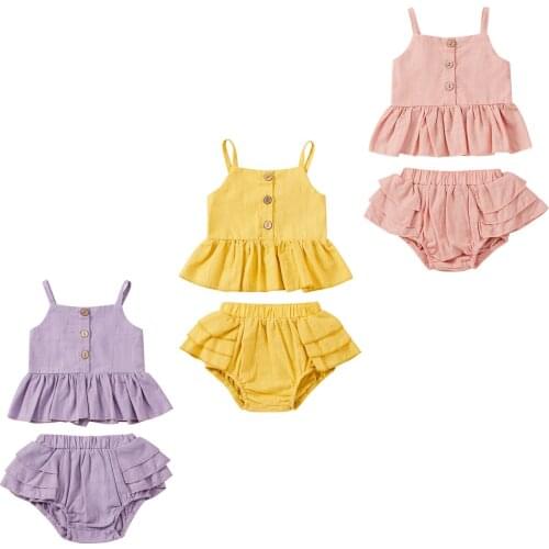 2021-05-05 Lioraitiin 2Pcs Set 0-5Years Toddler Girl’s Summer Fashion Solid Color Button Suspender Tops and Ruffles Short Pants