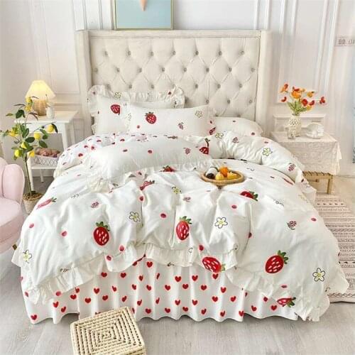 Princess Style Love Strawberry Cotton Bedding Set Bed skirt Duvet Cover Set Bed Linen Pillowcase Fitted Sheet HomeTextile
