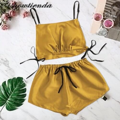 Women Sexy Lingerie Set Women Satin Silk Bowknot Camisole Shorts Sleepwear Sets Pajamas Bandage Sleep Lingerie Set пижама