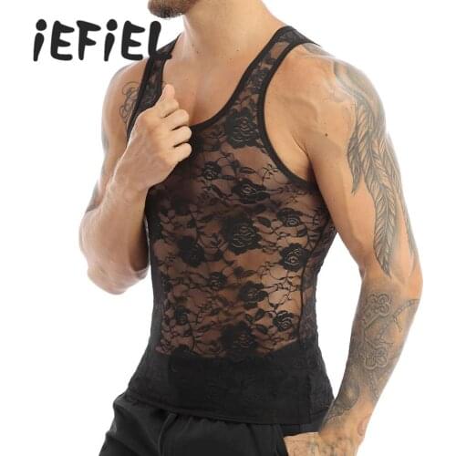 2020 Mens Sissy Lace Sheer Tank Tops Mens Vest Underwear Men NightwearTank Tops Netting Mesh Gay Sexy Sleeveless Vest Shirt