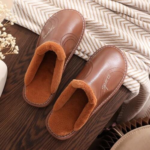 Men Winter Leather Slippers Quality Keep Warm Plush Shoes Clogs Sandals Male Thick Sole Floor Footwear Couples Home Indoor Shoes