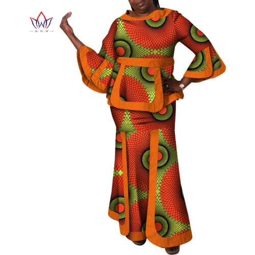 2021 New Autumn African Women Two-pieces Set Long Ruffle Sleeves + Mermaid Ankle Length Skirt 2 Pieces African Style WY2718