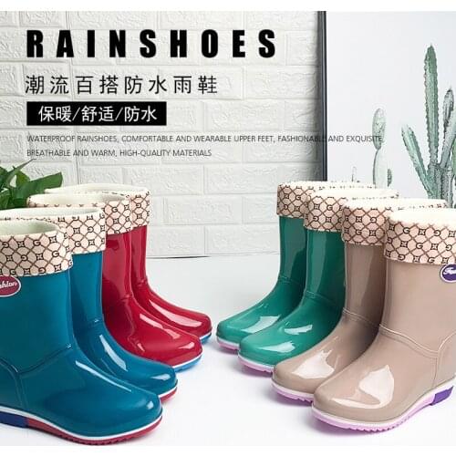 Solid Color Waterproof Rainboots Women Soft Garden Shoes Female Girls Rural Boots Winter And Summer Removable Plush Shoe Cover