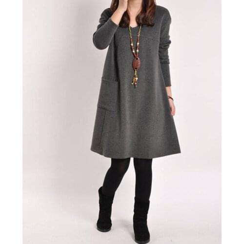 2021 Autumn Dress Women Winter Long Sleeve Pocket Dress Solid O Neck Casual Loose Party Dresses Fashion Vestidos Plus Size S-4XL