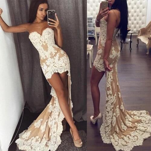 Champagne Mermaid Prom Dress Lace Appliques Sweetheart Sexy Front Short Rear Length Backless Formal Evening Gowns