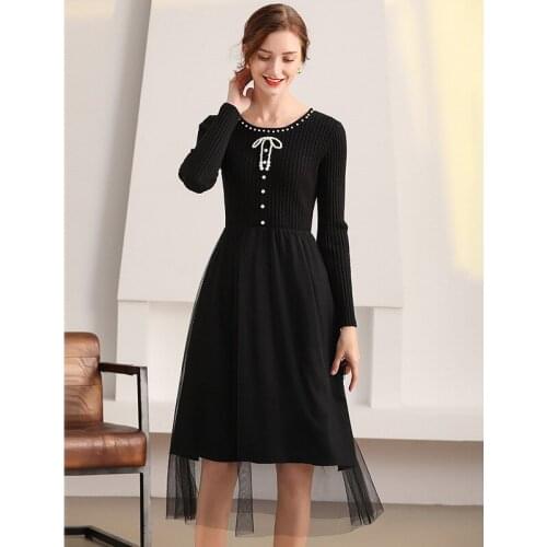 Girl Dress New Autumn Dozen Bottom Net Gauze Concatenation Sweet Places Knitted Sweater Long Winter Skirt For Women