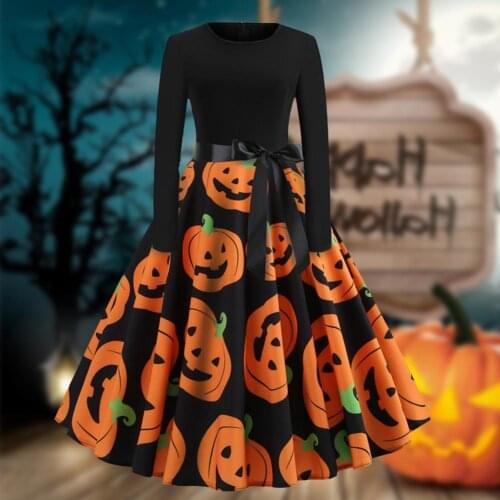 Halloween Dress Women Long Sleeve Mid Dress Bowknot Belt Princess Dress Ladies Halloween Costume Large Hem A-Line Dress Vestidos