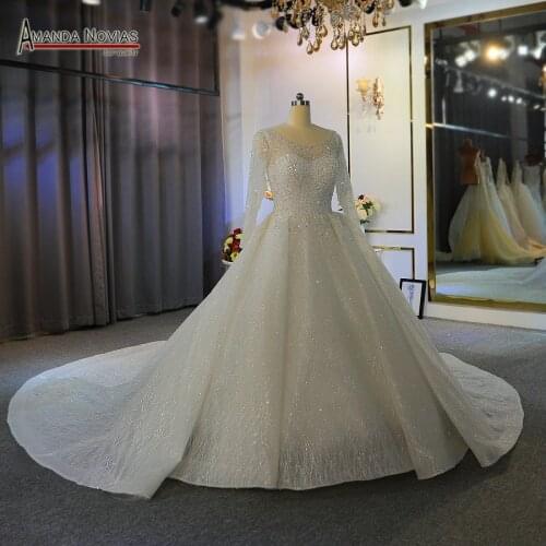 Heavy beading long sleeves wedding dress off white color custom order high quality bridal dress