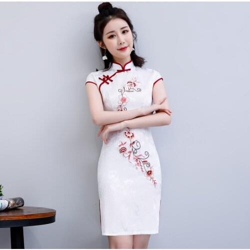 Sheng Coco White Jacquard Cotton Chinese Dresses Embroidery Cheongsam Modern China Plus Size Women Clothing Vestido Short Qipao