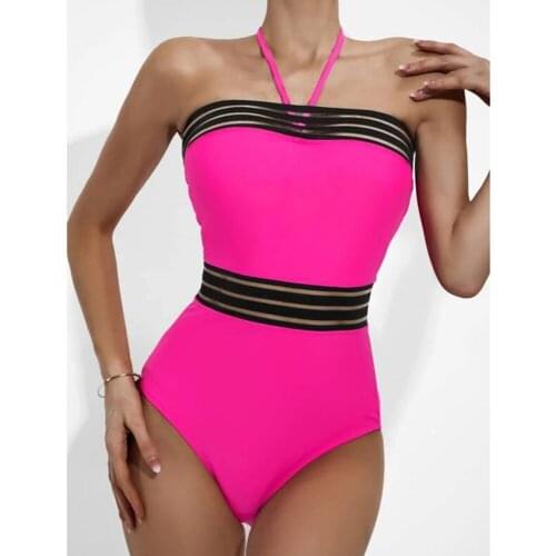 Sexy Mesh Patchwork One Piece Swimsuit Female 2021 New Halter Swimwear Women Push Up Monokini Bather Bathing Suit Beachwear Swim