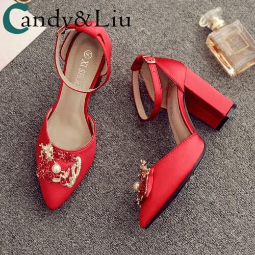 Rhinestone Traditional Wedding Dress Wedding Shoes Womens High Heel A- line Big Red Chunky Heel Crystal Bridal Shoes Small Size