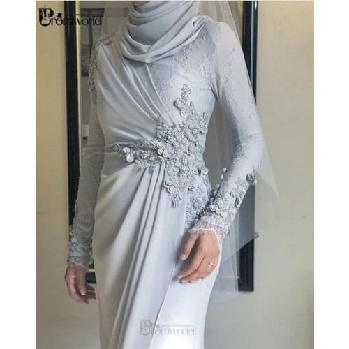 Light Blue Muslim Hijab Evening Dresses Long Sleeves 2020 Flowers Lace Chiffon Islamic Dubai Arabic Mermaid Formal Gown Prom