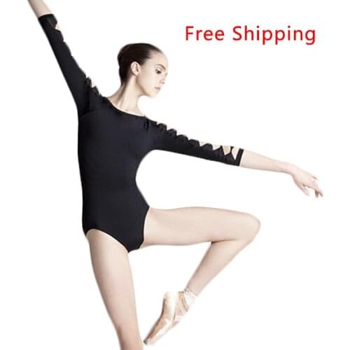 New Arrival Fashion Sexy Plus Size Girls Women Adult Dance Ballet Cut Leotard Black 3/4 Long Sleeve Open Back Leotard Suit