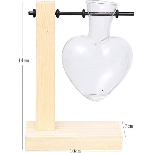 Wooden Frame Clear Glass Vase Heart Shape Hydroponic Plant Vase Flower Pot Table Desktop Bonsai Bud Vase Home Decoration