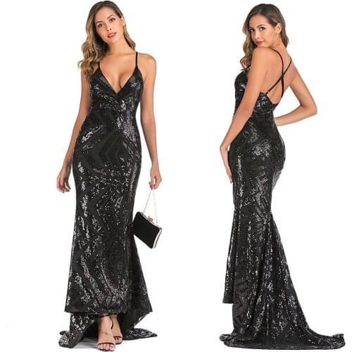 Evening Dress Sparklin black 2020 v-neck Mermaid long Split sexy fashion luckgirls Customizable fashion-Mocini Tailor