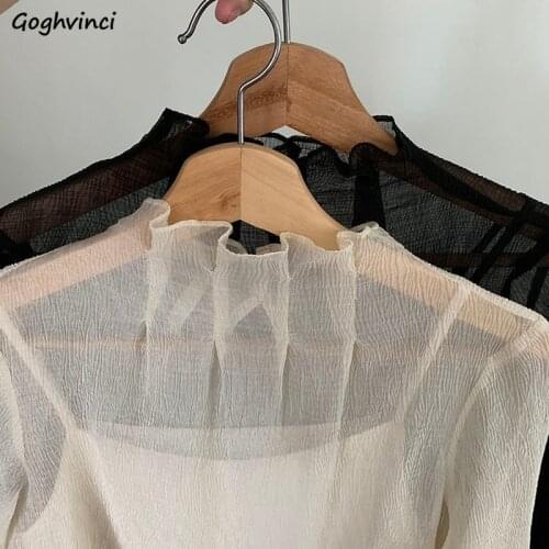 Inner Women Blouse All-match Spring Flare Sleeve Sweet Elegant Sexy Half High Collar Girls Pleated Fashion Korean Style Party