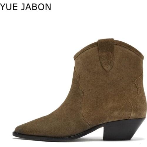 Genuine Leather Suede Ankle Boots Women Solid Chunky Heels Short Boots Classic Chelsea boots botas feminina Womens autumn boots