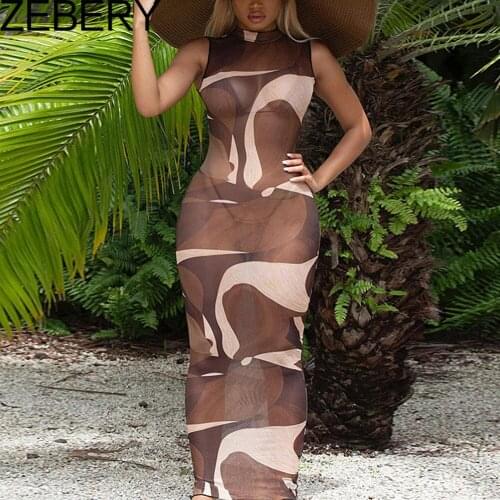 ZEBERY Sexy Chic Abstract Print Sheer Mesh Bodycon Maxi Dresses for Women 2021 Summer Beach Vacation Outfits Dress