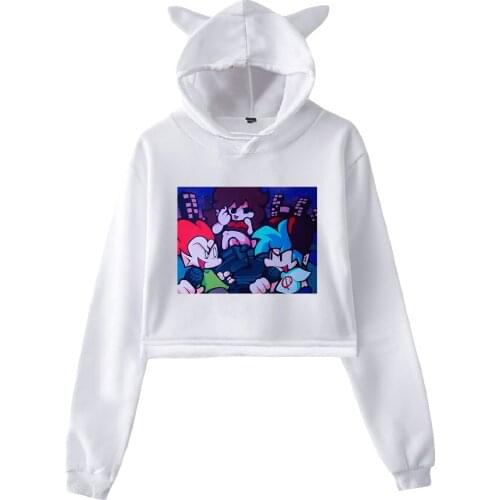 Friday Night Funkin Game Printed Cat Cropped Hoodies Women Long Sleeve Hooded Pullover Crop Tops Hot Sale Casual Streetwear