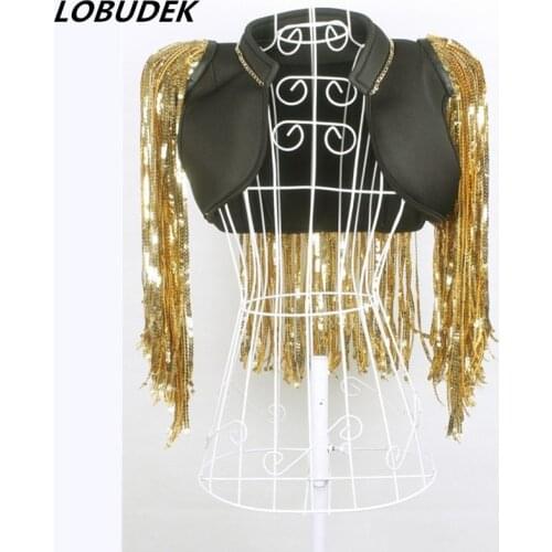 Bar Nightclub Male Female Singer Costume Leading dancer Teams performance Stage outfit Gold Silvery Sparkly Sequins Jacket Vest