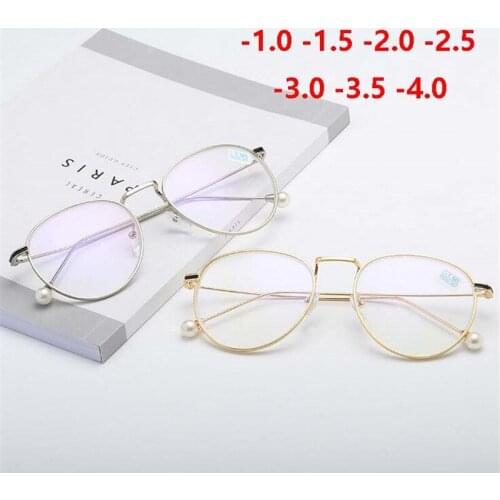 -1.0 -1.5 -2.0 To -6.0 Pearl Finished Myopia Glasses For Women Trend Round Metal Frame Female Short-sighted Eyeglasses