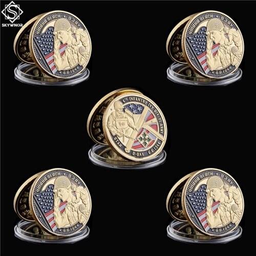 5PC 1944.6.6 Infantry Ivy Div US Army Challenge Coins Gold Utah D-Day Collectible Coins with Protect Coin Capsule