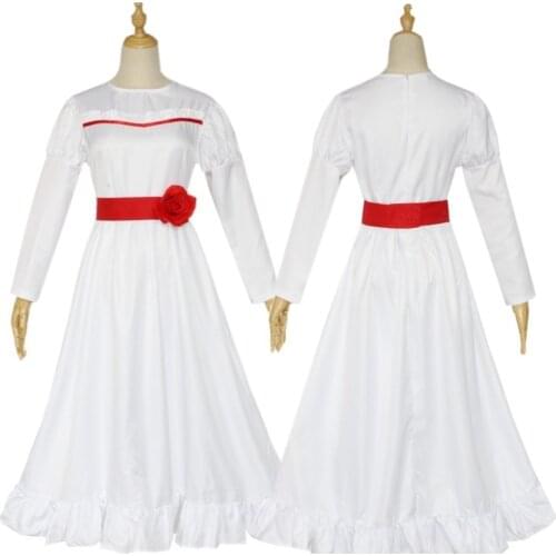 ConjingDoll Annabelle Halloween Horror White Dress Cosplay Costume Anime Game Long Sleeve O Neck Female Perform Dresses