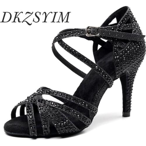 DKZSYIM Black Latin Dance Shoes Women Sequined Cloth Soft Bottom Tango Shoes Rhinestone Professional Dancing Sanda Open Toes