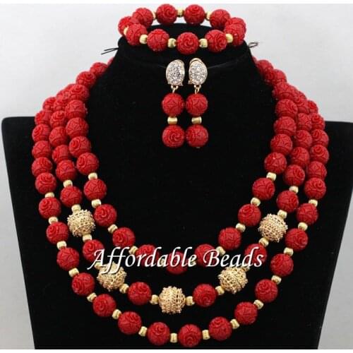 Red Nigerian Wedding Coral Jewelry Sets New African Coral Beads Handmade Style CN194