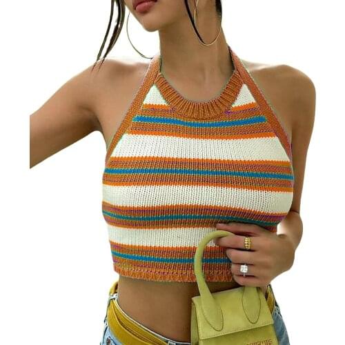 Open Back Halter Tank Tops Womens Summer Sexy Sleeveless Striped Print Tie Knot Back Knitted Crop Tops Streetwear New