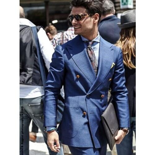 ANNIEBRITNEY Navy Blue Double Breasted Men Business Suit With Pants Formal Slim Fit Groom Wedding Tuxedo Prom Business Suit