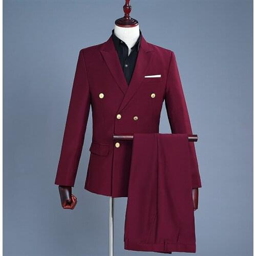 2 Piece Suit Men Wine Red Double Breasted Wedding Tuxedo Tailcoat Suits Men Stage Singer Costume Homme Mens Suits with Pants XXL