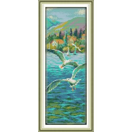 NKF Seaside Landscapes Stamped Cross Stitch Pattern DIY Kit Needlework Embroidery Sets Chinese Cross Stitch for Home Decor