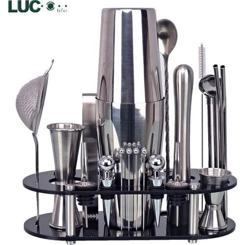 Stainless Steel Bar Cocktail Shaker Set Barware Tools Shaker Sets with Wooden Rack