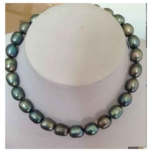 Stunning 9-10mm tahitian black green baroque pearl necklace 18inch 14k gold