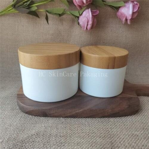 Empty 150g 250g white PP Plastic Bamboo Cap Cosmetic Tin Pot Lip Balm Body Hand Face Cream Jar Storage Container