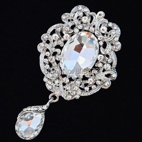 Retail!!Vintage Silver Plated Large Teardrop Crystal Drop Bridal Flower Brooch High Quality Amazing Large Diamante Scarf Pin