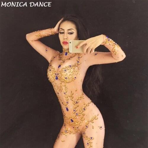 Sexy Stage Costumes for Singer Gold Queen Sparkling Crystals Stones Jumpsuit Christmas Celebrate Nightclub Stage Bodysuit