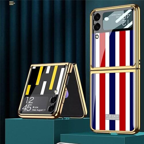 Folding Phone Case Color Stripes Protective Shell for Samsung Galaxy Z Flip3 Smartphone PC+Tempered Glass Cover
