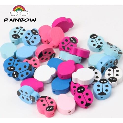 Mixed Color Wooden Material Cute Ladybird Beads For Jewelry Making DIY 19X14mm 50pcs