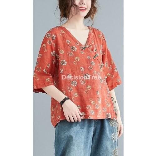 2021 traditional chinese women tang suit retro daily cheongsam qipao cotton linen chiffon blouse floral print qipao linen shirt