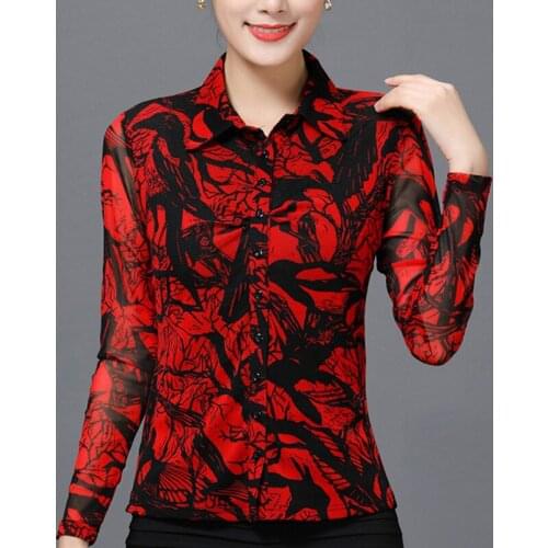 Spring Fall Fashion Office Lady Women Floral Painted Pattern Mesh Long Sleeve Blouse , 2018 New Mesh Stretch Blouses For Woman