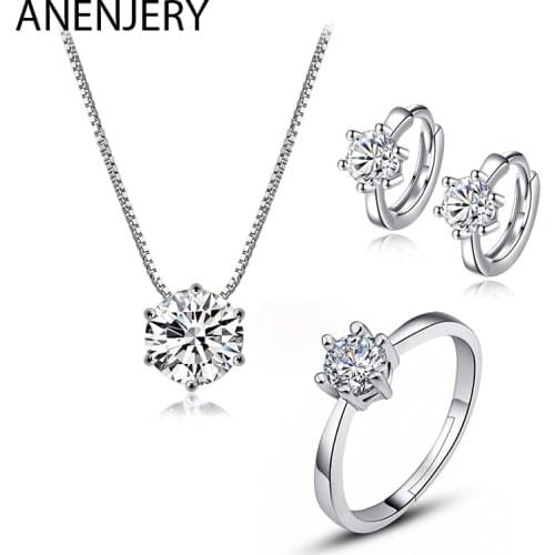 ANENJERY 925 Sterling Silver Dazzling 6 Claws AAAAA Zircon Necklace+Earrings+Ring Jewelry Sets For Women Wedding Jewelry