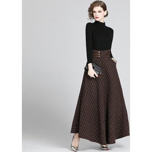 2020 Autumn Winter Two Piece Set Women Turtleneck Black Knitted Pullover Sweater + Bandage Lace-up Plaid Wool Maxi Skirt Set