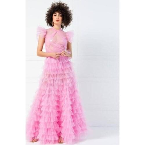 Fashion Pink Tiered Tulle Long Women Dresses Party See Thru Ruffles Mesh Prom Gowns Bridal Dress Vestido De Mujer
