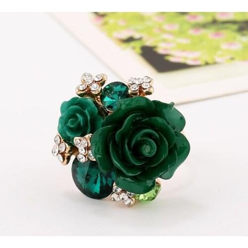 Fashion Jewelry Women Sweet Resin Roses Flower Rings Adjustable Big Crystal Ethnic Finger Ring Bijoux homme