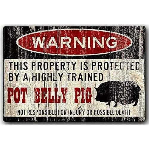 Pot Belly Pig, Protected by Warning Tin Signs Novelty Funny Retro Garage Home Bar Coffee Shop Kitchen Rule Wall Decor Vintage
