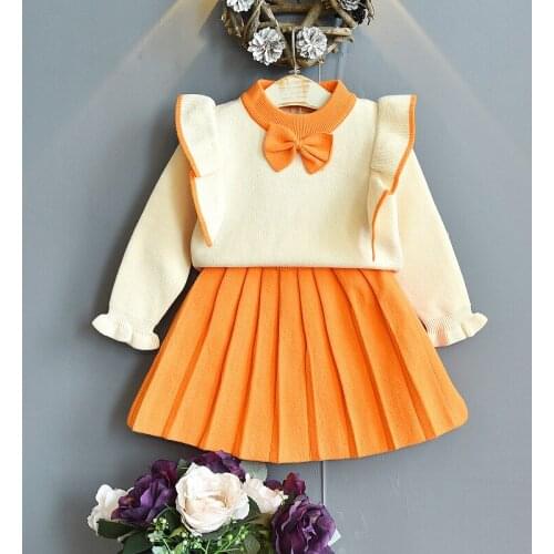Winter Cute Korean Children Clothes Warm Clothes Autumn Little Girls Clothing Set Bow Tie Knit Flying Sleeve Sweater Top&skirt